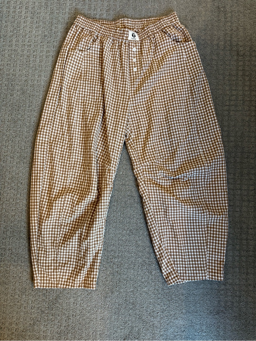 Relaxed Ankle-Length Gingham Barrel Pants - Brown/White